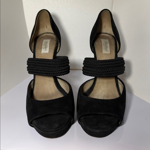 Max Mara Black Suede Raffia Heel Platform Peep Toe Heels Women's size 9/39 - Picture 4 of 12